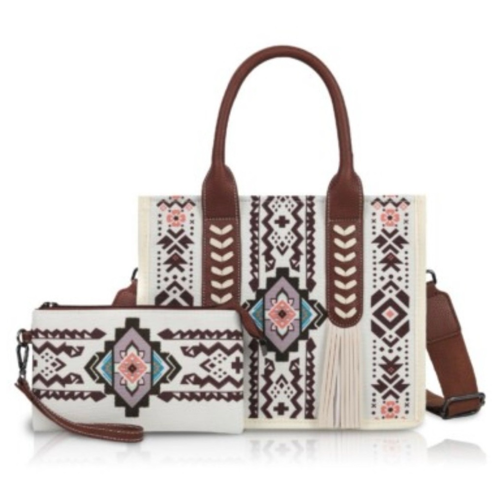 Calin Stylish Geometric Tote with Brown Accents With Wallet & Strap